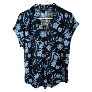 Fred David Blue and Black Short Sleeve Blouse with Polo Collar and Tie Front